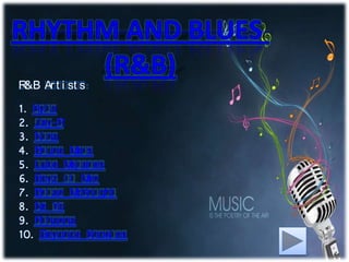 R&B Ar t i st s
1. Kyl a
2. Jay-R
3. Ni na
4. Br uno Mar s
5. Luke Mej ar es
6. Boyz I I Men
7. Br i an McKni ght
8. Ne Yo
9. Ri hanna
10. Beyonce Knowl es
 