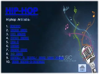 Hi phop Ar t i st s:
1. Emi nem
2. Kanye West
3. Li l Wayne
4. Ni cki Mi naj
5. Jay-Z
6. Dr ake
7. Snoop Doog
8. Cent
9. Di ddy/ P. Di ddy/ Sean Jean Combs
10. Bone Thugs-N-Har mony
 