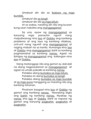 16
Umakyat din sila sa ibabaw ng mga
bundok.
Umakyat sila sa langit.
Umakyat din sila sa mga bituin.
At sa wakas, narating din nila ang buwan
kung saan nakatira ang manggagamot.
Sa una, ayaw ng manggagamot sa
kanyang mga panauhin ngunit nang
maipaliwanag nina Issa at Gabby ang kanilang
problema at ang layo ng kanilang nilakbay,
unti-unti nang ngumiti ang manggagamot at
naging mabait na sa kanila. Humanga kina Issa
at Gabby ang manggagamot dahil sa kanilang
pagmamahal sa kanilang nanay. Agad na
ibinigay ng manggagamot ang kailangan nina
Issa at Gabby.
Nang matanggap nila ang gamot ay dali-dali
na silang nagpasalamat sa manggagamot at
agad na umalis pabalik sa kanilang nanay.
Patakbo silang bumaba sa mga bituin.
Patakbo rin silang bumaba sa langit.
Patakbo silang bumaba sa mga bundok
at sa mga puno hanggang sa marating nila ang
kanilang tahanan.
Pinainom kaagad nina Issa at Gabby ng
gamot ang kanilang nanay. Nawalang bigla
ang bahin ng kanilang nanay. Niyakap ng
nanay sina Issa at Gabby dahil sa napawi ng
gamot ang kanyang pagbahin, pagbahin at
pagbahin.
 
