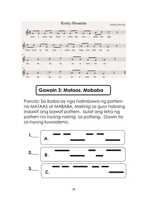 28
A.
B.
C.
Panuto: Sa ibaba ay nga halimbawa ng pattern
na MATAAS at MABABA. Makinig sa guro habang
inaawit ang bawat pattern. Isulat ang letra ng
pattern na inyong narinig sa patlang. Gawin ito
sa inyong kuwaderno.
1.___
2.___
3.___
Gawain 3: Mataas, Mababa
 