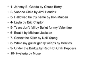● 1- Johnny B. Goode by Chuck Berry
● 2- Voodoo Child by Jimi Hendrix
● 3- Hallowed be thy name by Iron Maiden
● 4- Layla by Eric Clapton
● 5- Tears don't fall by Bullet for my Valentine
● 6- Beat it by Michael Jackson
● 7- Cortez the Killer by Neil Young
● 8- While my guitar gently weeps by Beatles
● 9- Under the Bridge by Red Hot Chilli Peppers
● 10- Hysteria by Muse
 