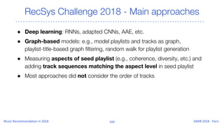 RecSys Challenge 2018 - Main approaches
● Deep learning: RNNs, adapted CNNs, AAE, etc.
● Graph-based models: e.g., model playlists and tracks as graph,
playlist-title-based graph filtering, random walk for playlist generation
● Measuring aspects of seed playlist (e.g., coherence, diversity, etc.) and
adding track sequences matching the aspect level in seed playlist
● Most approaches did not consider the order of tracks
 