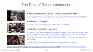 The Role of Recommendation
• Recommenders are seen critical in creative work
“I am happy for it to make suggestions, especially if I can ignore them” (TOK007)
• Who is in charge?
“as long as it is not saying do this and do that.” (TOK009)
• Artistic originality in jeopardy
“as soon as I feel, this is something you would suggest to this other guy as well, and
then he might come up with the same melody, that feels not good to me. But if this
engine kind of looked what I did so far in this track […] as someone sitting next to
me” (NIB4)
“then it’s really like, you know, who is the composer of this?” (NIB3)
[Andersen, Grote; 2015] GiantSteps: Semi-structured conversations with musicians. CHI EA.
 