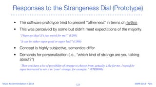 Responses to the Strangeness Dial (Prototype)
• The software prototype tried to present “otherness” in terms of rhythm
• This was perceived by some but didn’t meet expectations of the majority
“I have no idea! It's just weird for me!” (UI03)
“It can be either super good or super bad." (UI09)
• Concept is highly subjective, semantics differ
• Demands for personalization (i.e., “which kind of strange are you talking
about?”)
“Then you have a lot of possibility of strange to choose from, actually. Like for me, I would be
super interested to see it in ‘your’ strange, for example.” (STRB006)
 