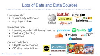 User-generated
• “Community meta-data”
• e.g., tags, reviews
Interaction Data
• Listening logs/shared listening histories
• Feedback (“thumbs”)
• Purchases
Curated collections
• Playlists, radio channels
• CD album compilations
Lots of Data and Data Sources
 