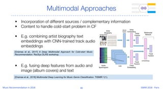 Multimodal Approaches
• Incorporation of different sources / complementary information
• Content to handle cold-start problem in CF
• E.g. combining artist biography text
embeddings with CNN-trained track audio
embeddings
• E.g. fusing deep features from audio and
image (album covers) and text
[Oramas et al., 2017] A Deep Multimodal Approach for Cold-start Music
Recommendation. RecSys DLRS workshop.
[Oramas et al., 2018] Multimodal Deep Learning for Music Genre Classification. TISMIR 1(1).
 