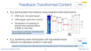 Feedback-Transformed Content
• E.g. learning latent item features using weighted matrix factorization
• CNN input: mel-spectrogram
• CNN targets: latent item vectors
• Visualization of clustering of
learned song representations
(t-SNE) on next slide
• E.g. combining matrix factorization with tag-trained neural
network to emphasize content in cold-start
[van den Oord et al., 2013] Deep Content-Based Music
Recommendation. NIPS workshop.
[Liang et al., 2015] Content-Aware Collaborative Music Recommendation Using Pre-Trained Neural Networks. ISMIR.
 