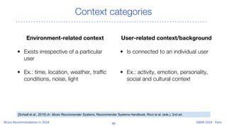 Context categories
Environment-related context
• Exists irrespective of a particular
user
• Ex.: time, location, weather, traffic
conditions, noise, light
User-related context/background
• Is connected to an individual user
• Ex.: activity, emotion, personality,
social and cultural context
[Schedl et al., 2015] ch. Music Recommender Systems, Recommender Systems Handbook, Ricci et al. (eds.), 2nd ed.
 