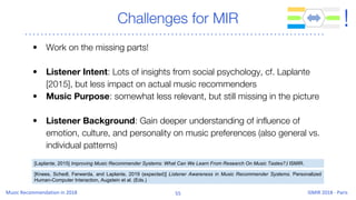 Challenges for MIR
• Work on the missing parts!
• Listener Intent: Lots of insights from social psychology, cf. Laplante
[2015], but less impact on actual music recommenders
• Music Purpose: somewhat less relevant, but still missing in the picture
• Listener Background: Gain deeper understanding of influence of
emotion, culture, and personality on music preferences (also general vs.
individual patterns)
[Knees, Schedl, Ferwerda, and Laplante, 2019 (expected)] Listener Awareness in Music Recommender Systems. Personalized
Human-Computer Interaction, Augstein et al. (Eds.)
[Laplante, 2015] Improving Music Recommender Systems: What Can We Learn From Research On Music Tastes?,l ISMIR.
!
 