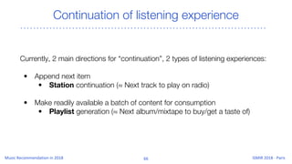 Continuation of listening experience
Currently, 2 main directions for “continuation”, 2 types of listening experiences:
• Append next item
• Station continuation (≈ Next track to play on radio)
• Make readily available a batch of content for consumption
• Playlist generation (≈ Next album/mixtape to buy/get a taste of)
 