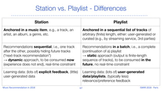 Station vs. Playlist - Differences
Station Playlist
Anchored in a music item, e.g., a track, an
artist, an album, a genre, etc.
Anchored in a sequential list of tracks of
arbitrary (finite) length, either: user-generated or
curated (e.g., by streaming service, 3rd parties)
Recommendations sequential, i.e., one track
after the other, possibly hiding future tracks
(“next-track recommendation”)
→ dynamic approach, to be consumed now
(experience does not end), real-time constraint
Recommendations in a batch, i.e., a complete
(continuation of a) playlist
→ static approach (output is finite-length
sequence of tracks), to be consumed in the
future, no real-time constraint
Learning data: (lots of) explicit feedback, (little)
user-generated data
Learning data: (lots of) user-generated
data/playlists, (typically less)
relevance/preference feedback
 