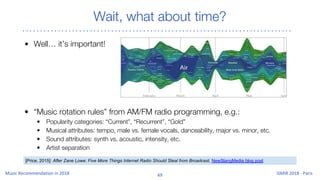 Wait, what about time?
• “Music rotation rules” from AM/FM radio programming, e.g.:
• Popularity categories: “Current”, “Recurrent”, “Gold”
• Musical attributes: tempo, male vs. female vocals, danceability, major vs. minor, etc.
• Sound attributes: synth vs. acoustic, intensity, etc.
• Artist separation
[Price, 2015]: After Zane Lowe: Five More Things Internet Radio Should Steal from Broadcast, NewSlangMedia blog post
• Well… it’s important!
 