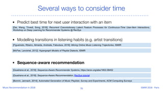 Several ways to consider time
[Figueiredo, Ribeiro, Almeida, Andrade, Faloutsos, 2016]: Mining Online Music Listening Trajectories, ISMIR
[McFee, Lanckriet, 2012]: Hypergraph Models of Playlist Dialects, ISMIR
• Modelling transitions in listening habits (e.g. artist transitions)
[Quadrana et al., 2018]: Sequence-Aware Recommender Systems, https://arxiv.org/abs/1802.08452
[Bonnin, Jannach, 2014]: Automated Generation of Music Playlists: Survey and Experiments, ACM Computing Surveys
• Sequence-aware recommendation
[Dai, Wang, Trivedi, Song, 2016]: Recurrent Coevolutionary Latent Feature Processes for Continuous-Time User-Item Interactions,
Workshop on Deep Learning for Recommender Systems @ RecSys
• Predict best time for next user interaction with an item
[Quadrana et al., 2018]: Sequence-Aware Recommendation, RecSys tutorial
 