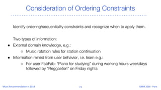Consideration of Ordering Constraints
Identify ordering/sequentiality constraints and recognize when to apply them.
Two types of information:
● External domain knowledge, e.g.:
○ Music rotation rules for station continuation
● Information mined from user behavior, i.e. learn e.g.:
○ For user FabFab: “Piano for studying” during working hours weekdays
followed by “Reggaeton” on Friday nights
 