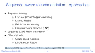 Sequence-aware recommendation - Approaches
● Sequence learning
○ Frequent (sequential) pattern mining
○ Markov models
○ Reinforcement learning
○ Recurrent neural networks (RNN)
● Sequence-aware matrix factorization
● Other methods
○ Graph-based methods
○ Discrete optimization
[Quadrana et al., 2018]: Sequence-Aware Recommender Systems, https://arxiv.org/abs/1802.08452
 