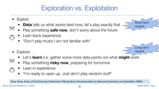 Exploration vs. Exploitation
• Exploit:
• Data tells us what works best now, let’s play exactly that
• Play something safe now, don’t worry about the future
• Lean-back experience
• “Don’t play music I am not familiar with”
• Explore:
• Let’s learn (i.e. gather some more data points on) what might work
• Play something risky now, preparing for tomorrow
• Lean-in experience
• “I’m ready to open up. Just don’t play random stuff”
Short-term
reward
Long-term
reward
[Xing, Wang, Wang, 2014] Enhancing Collaborative Filtering Music Recommendation by Balancing Exploration and Exploitation, ISMIR
 