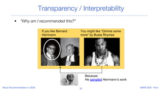 • “Why am I recommended this?”
Transparency / Interpretability
Because:
He sampled Herrmann’s work
If you like Bernard
Herrmann
You might like “Gimme some
more” by Busta Rhymes
 