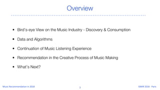 Overview
• Bird’s-eye View on the Music Industry - Discovery & Consumption
• Data and Algorithms
• Continuation of Music Listening Experience
• Recommendation in the Creative Process of Music Making
• What’s Next?
 