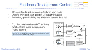 Feedback-Transformed Content
• CF model as target for learning features from audio
• Dealing with cold-start: predict CF data from audio
• Potentially: personalizing the mixture of content features
• E.g., learning item-based CF similarity
function from audio features using
metric learning
[McFee et al., 2012] Learning Content Similarity for Music
Recommendation. IEEE TASLP 20(8).
 
