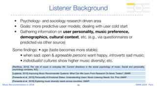 Listener Background
• Psychology- and sociology research driven area
• Goals: more predictive user models; dealing with us...