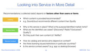 Looking into Service in More Detail
• Which content is provided/recommended?
• e.g. Soundcloud recommends different content than Spotify
• Why is this service in place? What is the purpose/identified market niche?
• What are the identified use cases? (Discovery? Radio? Exclusives?
Quality?)
• Do they push their own content (cf. Netflix)?
• How do catalog and service aims depend on context?
• Are there licensing issues/restrictions in particular countries?
• Is the service context-aware? (e.g. app vs desktop/browser)
Recommendations (+collected data!) depend on factors other than users or items
 