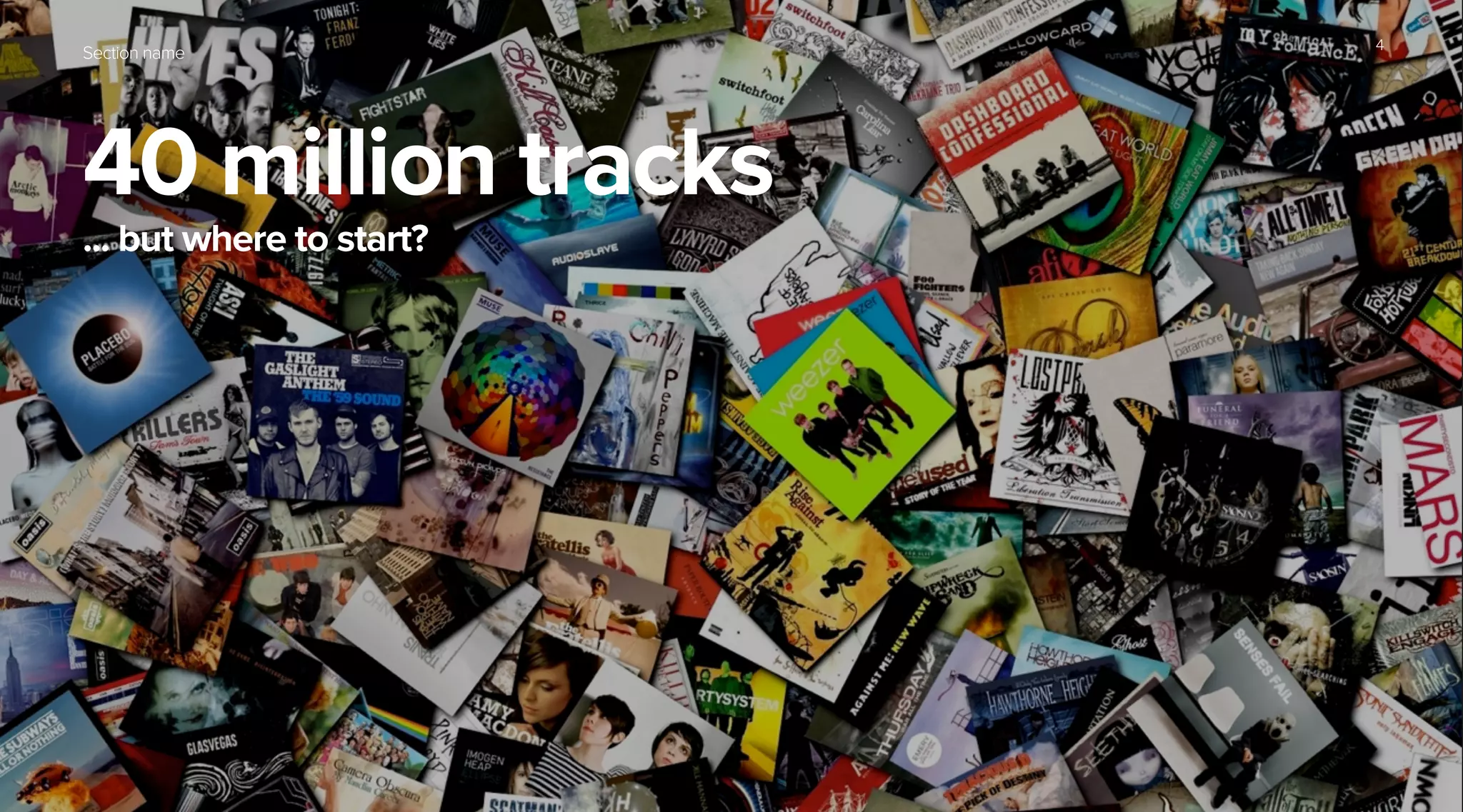 Section name
40 million tracks
... but where to start?
4
 