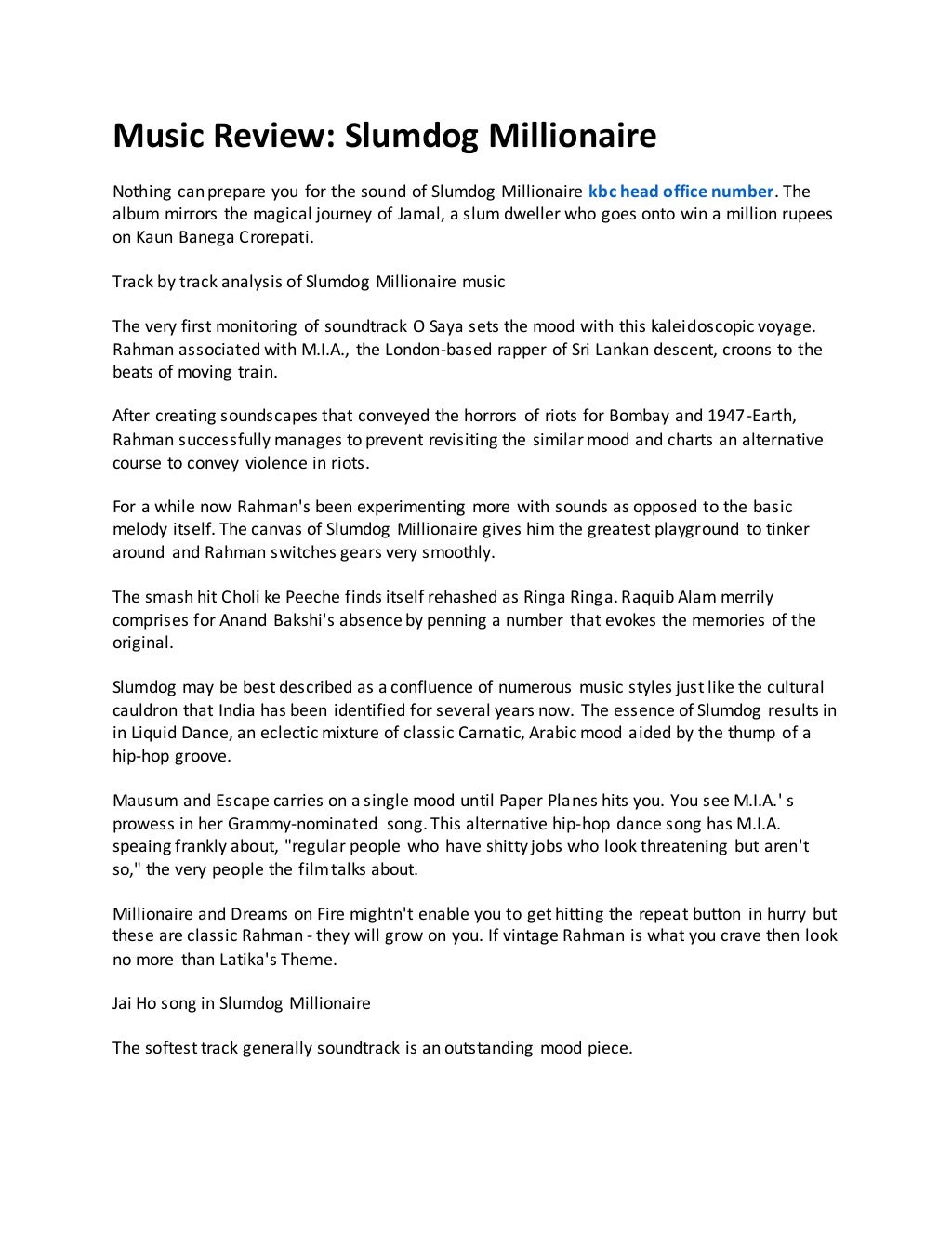 Music review kbc head office number