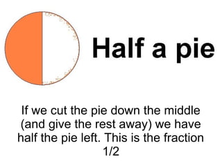 If we cut the pie down the middle
(and give the rest away) we have
half the pie left. This is the fraction
1/2
 