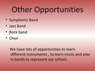 Other Opportunities Symphonic Band Jazz Band Rock band Choir We have lots of opportunities to learn different instruments , to learn music and play in bands to represent our school. 