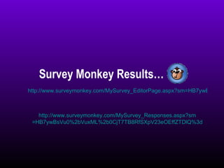 Survey Monkey Results… http://www.surveymonkey.com/MySurvey_EditorPage.aspx?sm=HB7ywBsVu0%2bVuxML%2b0CjT7TB8RfSXpV23eOEffZTDlQ%3d http:// www.surveymonkey.com/MySurvey_Responses.aspx?sm =HB7ywBsVu0%2bVuxML%2b0CjT7TB8RfSXpV23eOEffZTDlQ%3d 