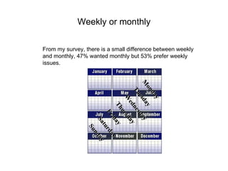 Weekly or monthly From my survey, there is a small difference between weekly and monthly, 47% wanted monthly but 53% prefer weekly issues. Monday Tuesday Wednesday Thursday Friday Saturday Sunday 