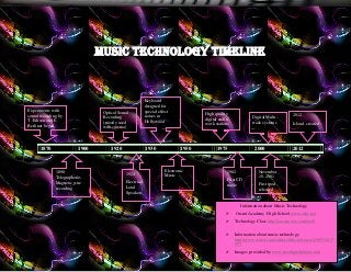 Music TECHNOLOGY TIMELINE


                                                         Keyboard
                                                         designed for
Experiments with                 Optical Sound           special effect
sound recording by                                                                  High quality                                   2012
                                 Recording               noises in                                           Digital Multi-
T. Edison and E.                                                                    digital audio
                                 (mostly used            Hollywood                                           track systems         Icloud created
Berliner began.                                                                     work stations
                                 with cinema)



      1870               1900       1920                 1930                1950         1975                2000                 2012



              1898                                                   Electronic                1982             November
                                            1924                     Music
              Telegraphone-                                                                                     10, 2001
                                                                                               First CD
              Magnetic wire                 Electrical
                                                                                               made             First ipod
              recording                     Loud
                                                                                                                released
                                            Speakers


                                                                                                       Information about Music Technology
                                                                                                   Orcutt Academy High School www.oahs.net
                                                                                                   Technology Class http://oacore.wix.com/web

                                                                                                   Information about music technology
                                                                                                    http://www.wired.com/culture/lifestyle/news/1997/10/7
                                                                                                    973
                                                                                                   Images provided by www.freedigitalphotos.net/
 