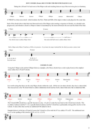 Using the C Major scale and the GMajor below as examples, all of these chords have a role to play however the simplest
tunes utilise the I, IVand Vchords.
It is worth noting that these are the only Major chords within the scale. All the rest are minor chords; they have a minor third.
The unusual one is the 7th chord which is called a diminished chord and has both a minor third and a flat or diminshed fifth.
The Vchord (fifth chord) has a specific function in a key - it's job is to take the tune back to the I chord (root chord). This
is called a 'cadence' and the V- I is a specific kind of cadence and the Vchord has a particularly strong pull to resolve to the
I chord. It more often than not has an additional b7th added to the it.
Example below is in the key of Gand of course the Vchord is a D or with the b7 it is called a V7 or D7. The additional note
is a C so the spelling of the chord is D, F#,A, C (1, 3, 5, b7).
A 'TRIAD' is a three note chord - which includes the First, Third and Fifth of the major or minor scale played at the same time.
Each of the chords above take their root fromeach note of the Major scale creating a sequence of chords, or a chordal scale
progression, and whether a chord is a Major or minor is determined by the interval between the root and the third of the triad.
3
Bdiminished
vii
CMajor
F#diminished
vii
GMajor
V
GMajor Aminor
vi
IV V
DMajor Eminor
vi
CHORDS IN A KEY
ii
Eminor
iii
FMajor
IV
Aminor
ii
Bminor
iii
CMajor
Three half tones
I
CMajor Dminor
15
I
GMajor
16
17
Four half tones
D, D#, E, FC, C#, D, D#, E
14
!----half tone---!
D minorCMajor
Both a Major and a Minor Triad have a Fifth so in practice - if you learn the major triad and flat the third you create a minor triad
One and a half half tones is called a Minor third
!--------------tone----------------!!--------tone---------!
Two whole tones is called a Major third
!--------tone---------!
D minor
13
C Major
Bdiminished CMajorFMajor GMajor AminorDminor EminorCMajor
HOW CHORDS (Triads) ARE CONSTRUCTED FROM THEMAJOR SCALE
12
Taking the I, III and Vof each note of the Major scale and stacking themon top of the root note gives us harmony.
 