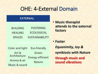OHE: 4-External Domain
• Music-therapist
attends to the external
factors
• Foster
Equanimity, Joy &
symbiosis with Nature
through music and
sound vibrations
 