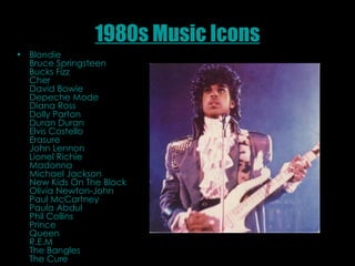 1980s Music Icons Blondie  Bruce Springsteen  Bucks Fizz  Cher  David Bowie  Depeche Mode  Diana Ross  Dolly Parton  Duran Duran  Elvis Costello  Erasure  John Lennon  Lionel Richie  Madonna  Michael Jackson  New Kids On The Block  Olivia Newton-John  Paul McCartney  Paula Abdul  Phil Collins  Prince  Queen  R.E.M  The Bangles   The Cure  
