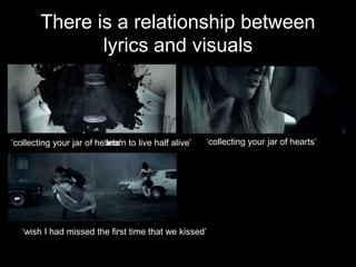 There is a relationship between
               lyrics and visuals



‘collecting your jar of hearts’ to live half alive’
                          ‘learn                      ‘collecting your jar of hearts’




   ‘wish I had missed the first time that we kissed’
 