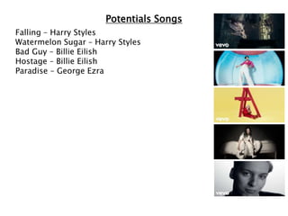 Potentials Songs
Falling – Harry Styles
Watermelon Sugar – Harry Styles
Bad Guy – Billie Eilish
Hostage – Billie Eilish
Paradise – George Ezra
 