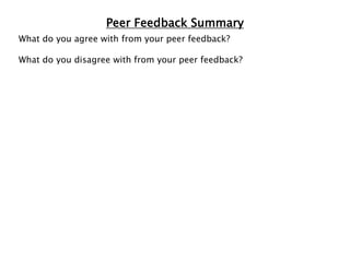 Peer Feedback Summary
What do you agree with from your peer feedback?
What do you disagree with from your peer feedback?
 