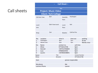 Call sheets
- Call Sheet –
Date:
Project: Music Video
Client: York College
Call time: Crew 6pm Assembly
Point
Pocklington
Lunch
time
Didn’t have lunch Lunch
Place
N/A
Wrap 7pm Weather Cold but fine
No. Location time in time out parking
1 Pocklington 6pm 7pm At fair
2 Monks Cross 5pm 7pm Monks cross
No. Name contact no. call time
1 Olivia 07716513738 6pm
2 Hannah +447512760603 6pm
3 Lucy 07860624592 6pm
4 Lauren +447856548841 6pm
Name Title Contact Number
Olivia Director 07716513738
Item person responsible
My phone Me
Laurens Phone Lauren
 