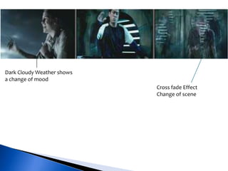 Cross fade Effect
Change of scene
Dark Cloudy Weather shows
a change of mood
 