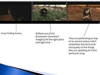 Cross Fading Scene, Brilliant use of CGI
(Computer Generated
Imagery) At the right place
and right time
They are performing on top
of an ancient statue which
symbolises the hard work
and quality of the things
they are speaking of in this
particular song
 