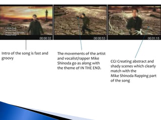 Intro of the song is fast and
groovy
The movements of the artist
and vocalist/rapper Mike
Shinoda go as along with
the theme of IN THE END.
CGI Creating abstract and
shady scenes which clearly
match with the
Mike Shinoda Rapping part
of the song
 