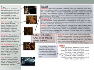 Props
Glass: Here we are able to
see women holing a drink, this
prop is symbolic because this
automatically shows us that
they must be at an event,
where alcohol is involved this
may result in any later actions.

Makeup: Seeing the makeup
being applied on by the
women shows us that she is
getting ready for a show or
even preparing to attend a
show, therefore this shows us
where the setting will be.
Microphone: This particular
prop is very symbolic because
it automatically shows the us
the time it is set in which
would be around the late 80‟s.
Fire Hoops/Sticks: This prop
shows us where exactly it is
set and it also hints danger to
us as it keeps cutting back to
shots of the hoops, this may
also be a foreshadowing of
what’s to come.
Cars: The cars are symbolic
because it connotes danger
and very upbeat. The type of
car has an impact because it
is a extremely fast car.

Sound
Dialogue: in this music video there is dialogue added in in some parts of the video,
the music stops and there is a conversation going on. This is very effective because
it is a narrative and there is a story being told through out the video and we are able
to follow it and understand the story. By having the dialogue added we are able to
understand the situation and it makes it appear more realistic and adds a lot of
naturalism to the music video.
Non-Diegetic: The non Diegetic sound tin this music video would have to be the
actual music itself that has been added in to resemble the music video. And most
likely the car crash sound effects have also been added in to make it more extreme
to leave an impact on the viewers.
Diegetic: There is a lot of diegetic sound in this music video, there is diegetic sound
every time the music is cut of and we have a bit of dialogue and a conversation
taking place you are able to here diegetic sound. By having diegetic sound in the
music video relates really well with the style of the music video as it‟s a narrative it
guides us through the story line.

Justin Timberlake“what goes around
comes around”
This particular course is very
symbolic with the music
video because you see in
the music video objects such
as fire stick and hoops being
spun around to resemble the
lyrics.

Music: The music‟s tempo, pace, pitch, volume really
relate to the images and movement of the video a good
example would be when the car is chasing the other car
the pace speeds up and it gets louder with a high tempo
which makes the scene heart racing and with
anticipation watching carefully at what may happen.

LYRICS
“What goes around, goes around, goes around
Comes all the way back around
What goes around, goes around, goes around
Comes all the way back around
What goes around, goes around, goes around
Comes all the way back around
What goes around, goes around, goes around
Comes all the way back around”

 