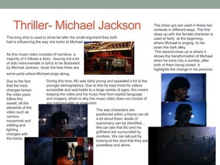 Thriller- Michael Jackson
This long shot is used to show tat after the small argument they both
had is influencing the way she looks at Michael.
The close ups are used in these two
contexts in different ways. The first
close up with the female character is
used at fairly at the beginning
where Michael is singing to her
down the dark alley.
The second close up is where it
shows the transformation of Michael
when he turns into a zombie, after
both of them being circled. It
highlights the change in his persona.
As this music video consists of narrative, a
majority of it follows a story , leaving not a lot
of solo instrumentals or lyrics to be illustrated
by Michael Jackson, never the less there are
some parts where Michael sings along.
Due to the fact
that the track
changes tempo
the video pace
follow this
aswell, all the
elenemts of the
video such as
camera
movemnet and
editting and
lighting
changes with
the tracks.
During this time, MJ was fairly young and appealed a lot to the
younger demographics. Due to this he kept most his videos
accessible and watchable to a large variety of ages, this meant
keeping the video and his music free from explicit language
and imagery, which is why the music video does not consist of
any intersexuality or voyeurism
The way characters are
positioned within a frame can ell
a lot about them, levels of
supremacy can be identified…
We can see that MJ and his
girlfriend are surrounded by
zombies. We can tell just by
looking at this shot that they are
powerless and alone.
 