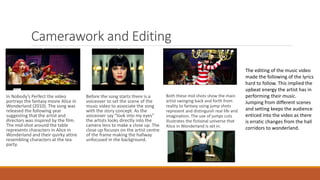 Camerawork and Editing
In Nobody’s Perfect the video
portrays the fantasy movie Alice in
Wonderland (2010). The song was
released the following year
suggesting that the artist and
directors was inspired by the film.
The mid-shot around the table
represents characters in Alice in
Wonderland and their quirky attire
resembling characters at the tea
party.
Before the song starts there is a
voiceover to set the scene of the
music video to associate the song
with the story concept. As the
voiceover say “look into my eyes”
the artists looks directly into the
camera lens to make a close up. The
close up focuses on the artist centre
of the frame making the hallway
unfocused in the background.
Both these mid shots show the main
artist swinging back and forth from
reality to fantasy using jump shots
represent and distinguish real life and
imagination. The use of jumps cuts
illustrates the fictional universe that
Alice in Wonderland is set in.
The editing of the music video
made the following of the lyrics
hard to follow. This implied the
upbeat energy the artist has in
performing their music.
Jumping from different scenes
and setting keeps the audience
enticed into the video as there
is erratic changes from the hall
corridors to wonderland.
 