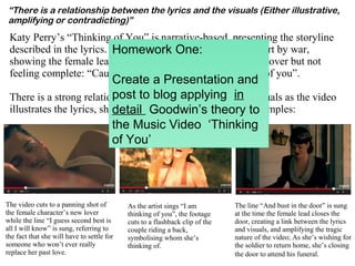 “There is a relationship between the lyrics and the visuals (Either illustrative,
amplifying or contradicting)”
Katy Perry’s “Thinking of You” is narrative-based, presenting the storyline
described in the lyrics. The lyrics describe a couple torn apart by war,
showing the female lead attempting to move on with a new lover but not
feeling complete: “Cause when I'm with him I am thinking of you”.
There is a strong relationship between the lyrics and the visuals as the video
illustrates the lyrics, showcasing the story . Some literal examples:
As the artist sings “I am
thinking of you”, the footage
cuts to a flashback clip of the
couple riding a back,
symbolising whom she’s
thinking of.
The video cuts to a panning shot of
the female character’s new lover
while the line “I guess second best is
all I will know” is sung, referring to
the fact that she will have to settle for
someone who won’t ever really
replace her past love.
The line “And bust in the door” is sung
at the time the female lead closes the
door, creating a link between the lyrics
and visuals, and amplifying the tragic
nature of the video; As she’s wishing for
the soldier to return home, she’s closing
the door to attend his funeral.
Homework One:
Create a Presentation and
post to blog applying in
detail Goodwin’s theory to
the Music Video ‘Thinking
of You’
 