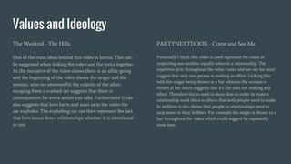 Values and Ideology
The Weeknd - The Hills
One of the main ideas behind this video is karma. This can
be suggested when linking the video and the lyrics together.
As the narrative of the video shows there is an affair going
and the beginning of the video shows the singer and the
woman, who are presumably the culprits of the affair,
escaping from a crashed car suggests that there is
consequences for every action you take. Furthermore it can
also suggests that love hurts and scars as in the video the
car explodes. The exploding car can then represent the fact
that love burns down relationships whether it is intentional
or not.
PARTYNEXTDOOR - Come and See Me
Personally I think this video is used represent the value of
respecting one another equally when in a relationship. The
repetitive lyric throughout the video ‘come and see me for once’
suggest that only one person is making an effort. Linking this
with the singer being shown in a bar whereas the woman is
shown at her hours suggests that it's the man not making any
effort. Therefore this is used to show that in order to make a
relationship work there is efforts that both people need to make.
In addition it also shows that people in relationships need to
stop some of their hobbies. For example the singer is shown in a
bar throughout the video which could suggest he repeatedly
visits bars.
 