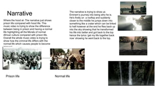 Narrative
Where the hood at- The narrative just shows
prison life compared with hood life. This
music video is trying to show the difference
between being in prison and having a normal
life highlighting all the Morals of normal
African culture compared with prison life.
Overall the whole music video is trying to
show how the criminal life differs with the
normal life which causes people to become
immoral.
Prison life Normal life
The narrative is trying to show us
Eminem’s journey into being who he is.
He's firstly on a rooftop and suddenly
closer to the middle he jumps down into
something like a crater which can be linked
to hell however at the end he flies back up
into the sky showing that he transformed
his life into better and got back to the top
hence the lyrics ‘get my life together back
now’ showing he went back to the top.
 