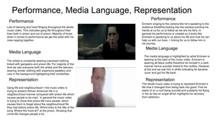 Performance, Media Language, Representation
Lots of dancing and hand flinging throughout the whole
music video. This indicates gang life throughout their
lives both in prison and out of prison. Majority of times
when it comes to performance we get the artist with his
crew rapping together.
The artists is constantly wearing oversized clothing
linked with gangsters and prison life. For majority of the
time we see everyone both the artists and the dancers
wearing similar clothing with expensive jewellery and
cars in the background highlighting their similarities.
Gang life and neighbourhood = the music video is
trying to present African American life in a
neighbourhood manner compared with prison life which
causes people to be mad. In general the music video
is trying to show that prison life ruins people, which
causes them to forget about the neighbourhood life
they had before prison life. Which links to the title of the
song 'Where the hood at?' at the prison. Showing that
crime life changes people a lot.
Performance
Media Language
Representation
Eminem singing to the camera like he’s speaking to the
audience therefore looking into the camera pointing his
hands at us for us to follow as we are his fans. In
general his performance is created so it looks like
Eminem is speaking to us about his life and how he can
help us with our lives. = linking for us to follow him in
his journey.
Performance
The media language is highlighted by what Eminem is
wearing at the start of the music video. Eminem is
wearing all black outfits therefore he himself in a dark
manner hence suicidal, linked to the rooftop. However
at the end we see him in white indicating he became
‘pure’ and got his life back.
Media Language
The whole music video is trying to represent Eminem’s
life how it changed from being dark into good. First he
starts of on a roof being suicidal and suddenly his flying
in the air like an angel which highlights his recovery
from addiction.
Representation
 