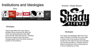 Institutions and Ideologies Eminem - Shady Record
Dmx
Values used within this music video is
probably African American life within the
‘hood’ and representing how they differ
hence the title ‘where the hood at’. Therefore
the song is trying to show how prison
changes people hence the whole rhetorical
question to the audience.
Ideologies
Ideologies
The values and ideologies within this music
video is Eminem’s hard life.The music video
is trying to tell us the audience that even
though your life might be hard and miserable
you can pick yourself up. Therefore Eminem
starts of suicidal and ends up being high up
in the air shadowing our lives.
 